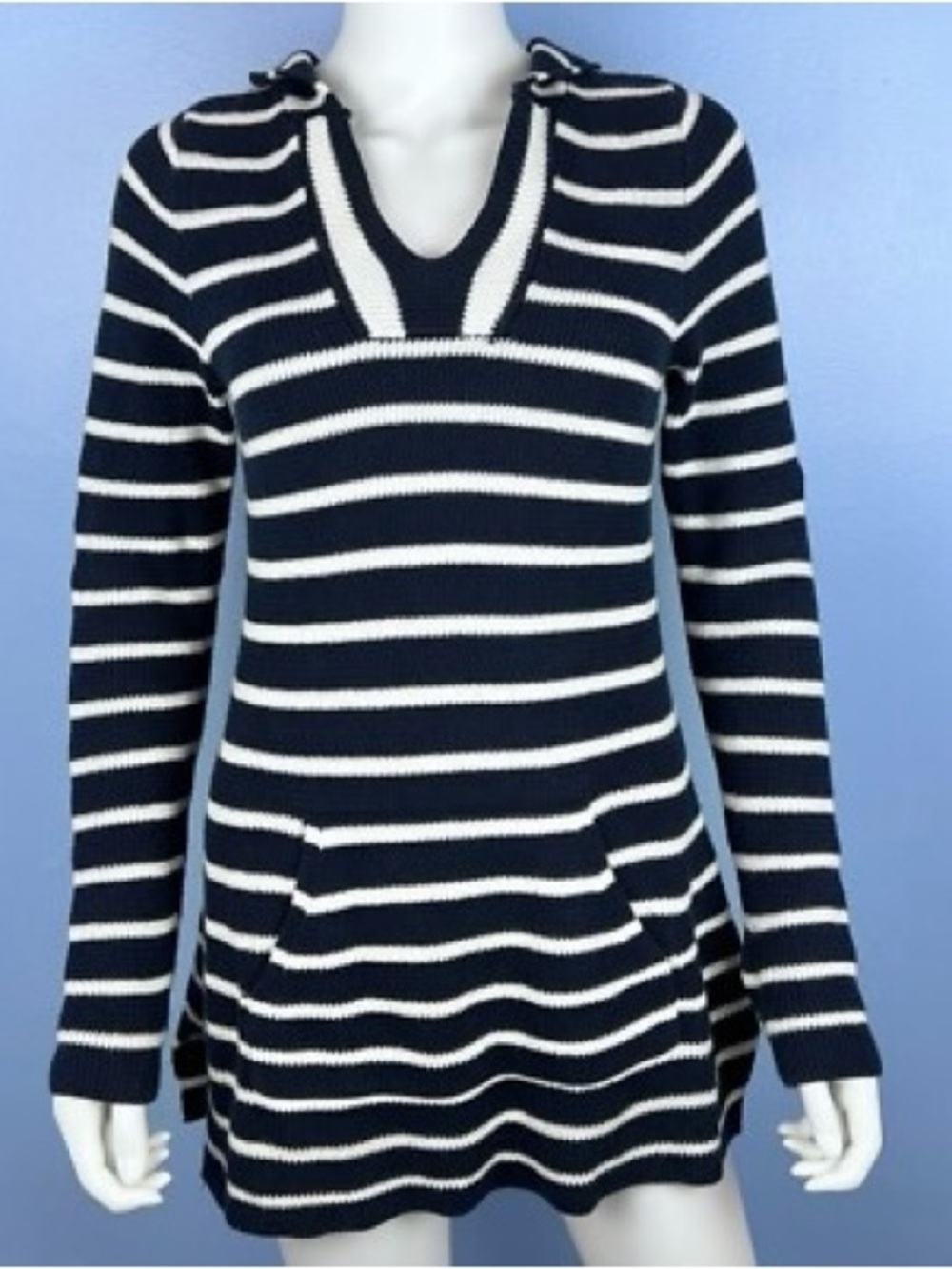 Saint Tropez West Navy and White Striped V-Neck Hooded Sweater Coastal Grandma
